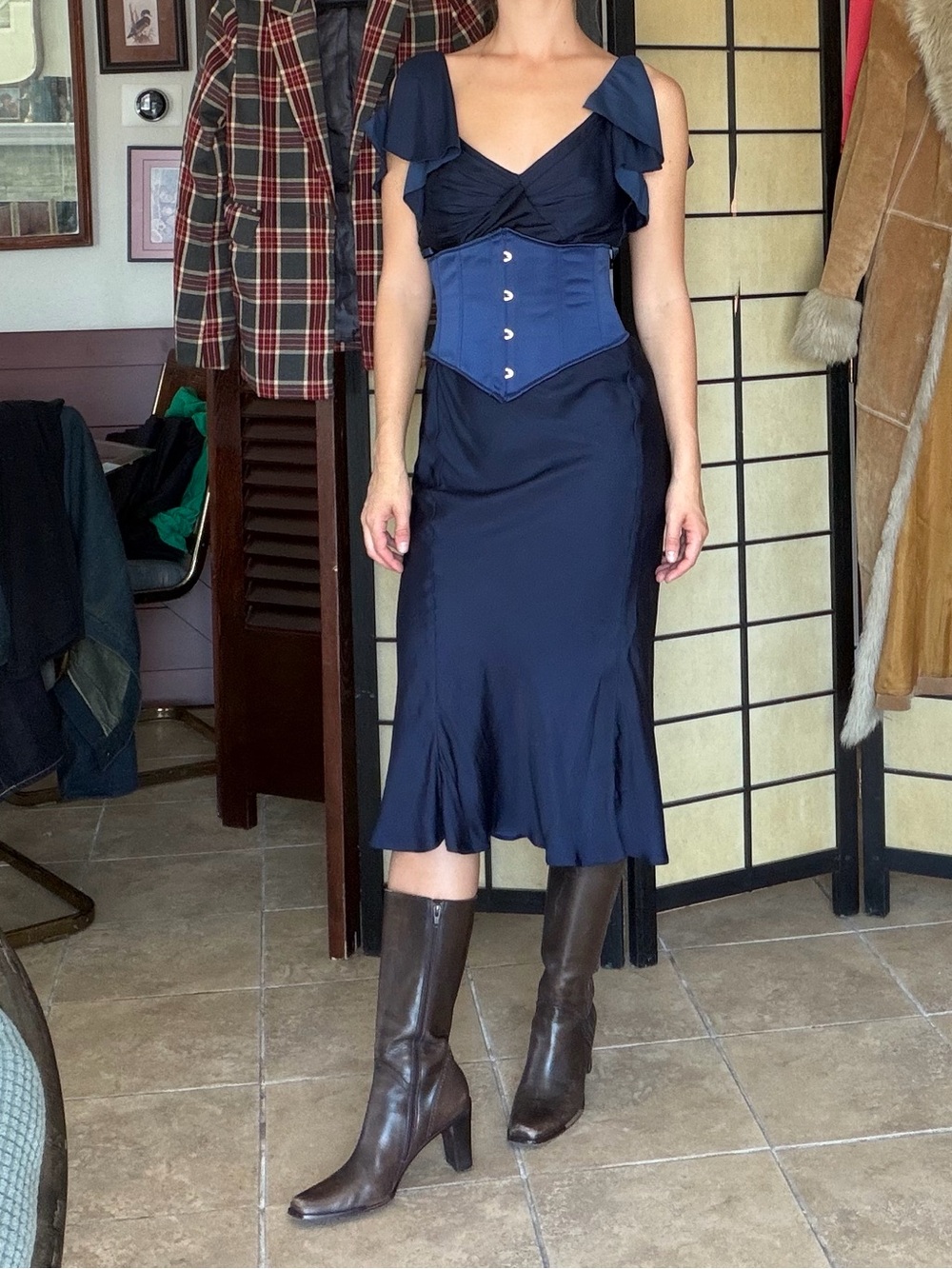 Elegant Navy Blue Midi Skirt Dress with Corset Waist GAP STUDIO SATIN DRESS BNWT